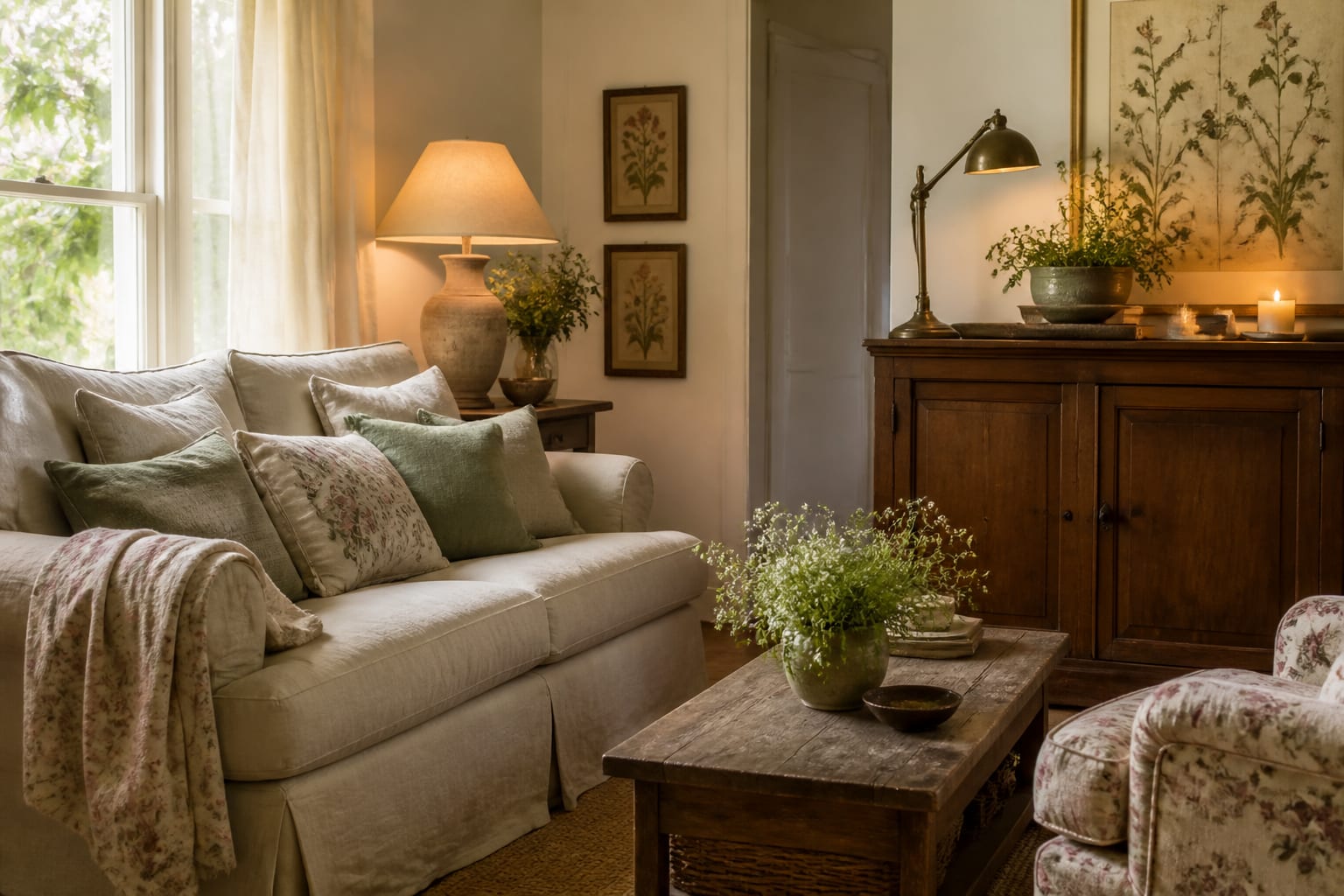 cottagecore living room with linen sofa, warm wood cabinet, botanical art, aged brass lamp, and faded floral textiles