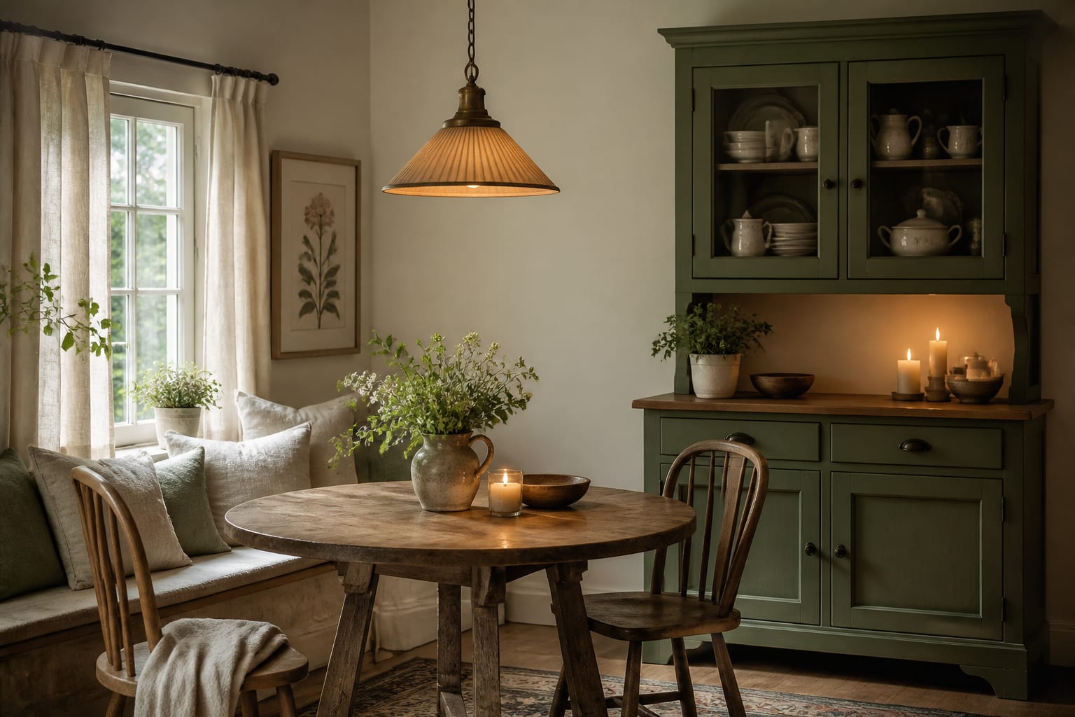 cream cottagecore dining nook with sage cabinet, wood table, botanical print, linen curtains, and warm shaded pendant