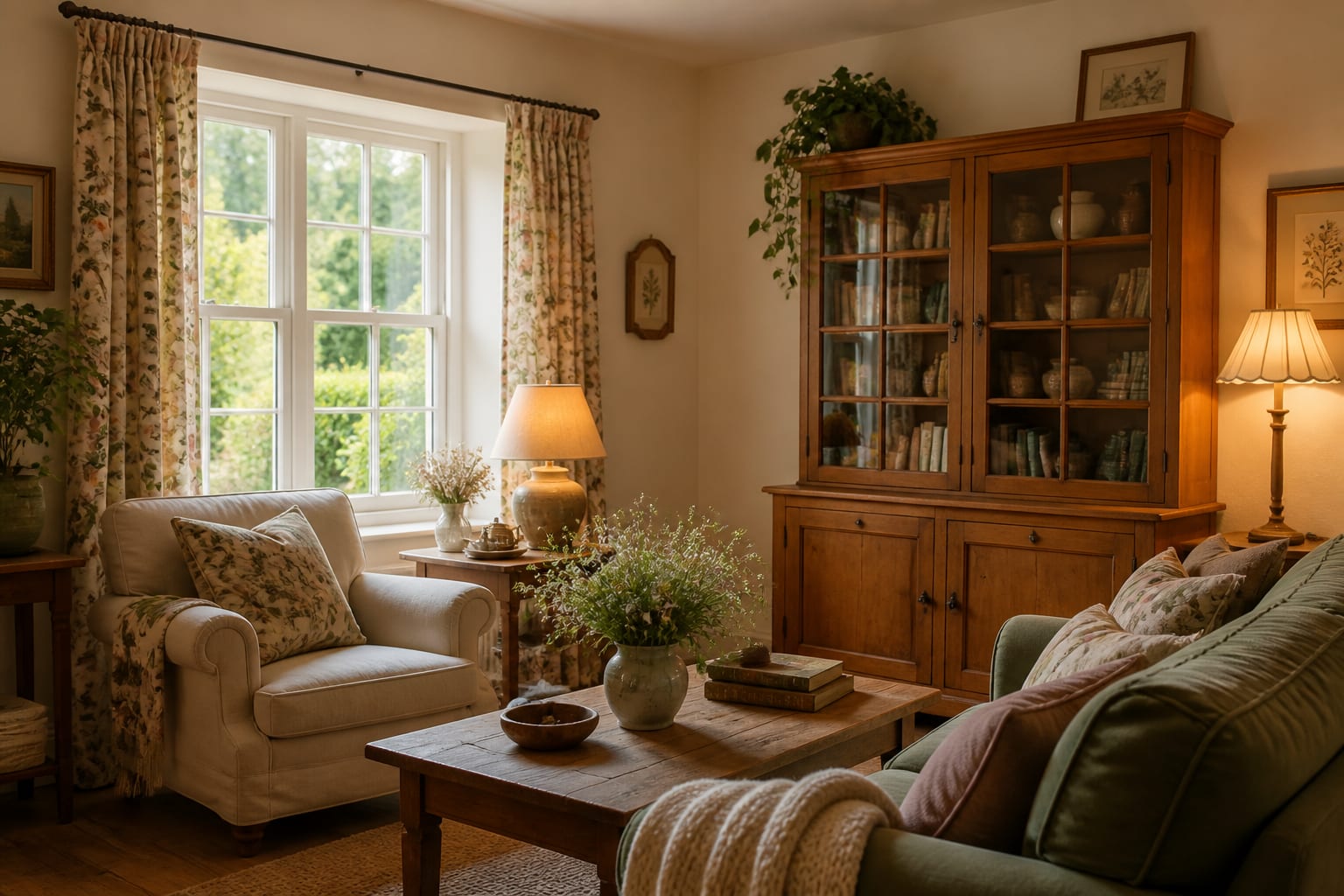 AI cottagecore preview showing the same living room with cream walls, floral curtains, wood cabinet, and warmer lamp light
