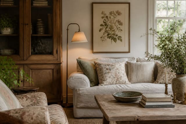 cottagecore living room with linen sofa, warm wood cabinet, botanical art, aged brass lamp, and faded floral textiles