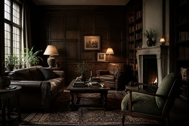 Editorial interior photograph showing what is dark academia aesthetic in interior design.
