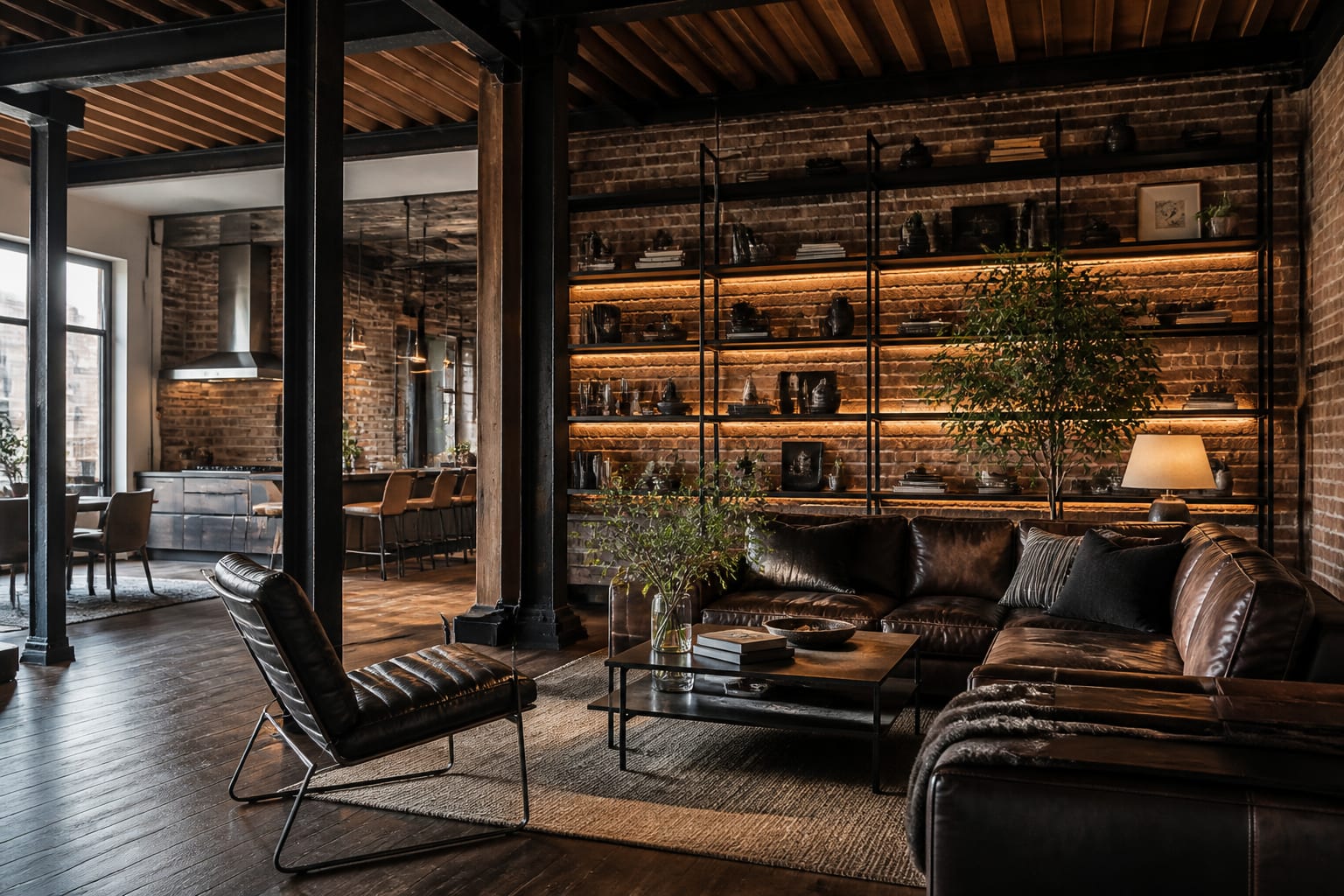 industrial open plan home with brick, steel shelving, leather seating, warm wood, and amber layered lighting