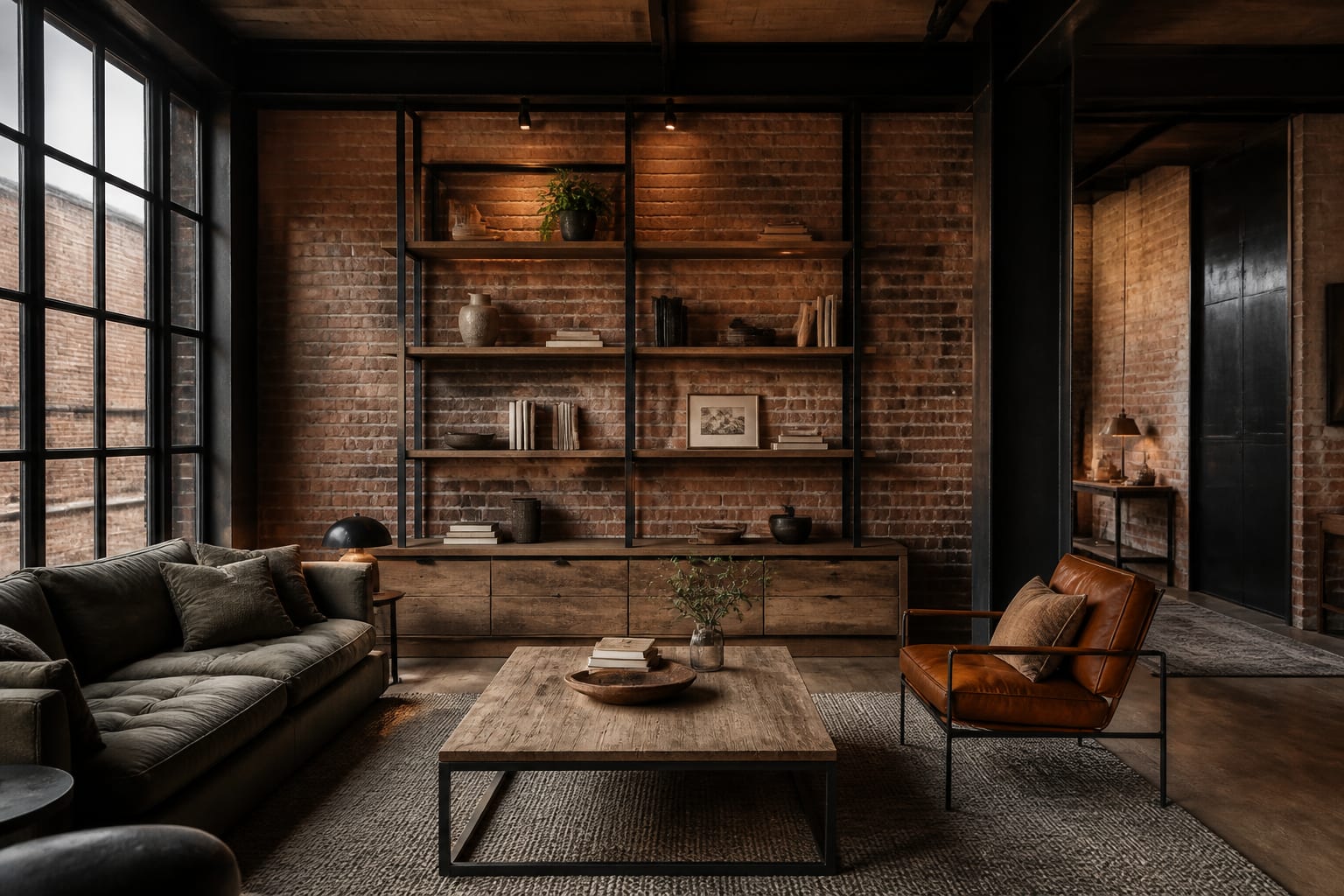 industrial living room material palette with brick wall, black steel, reclaimed wood, wool rug, and cognac leather chair