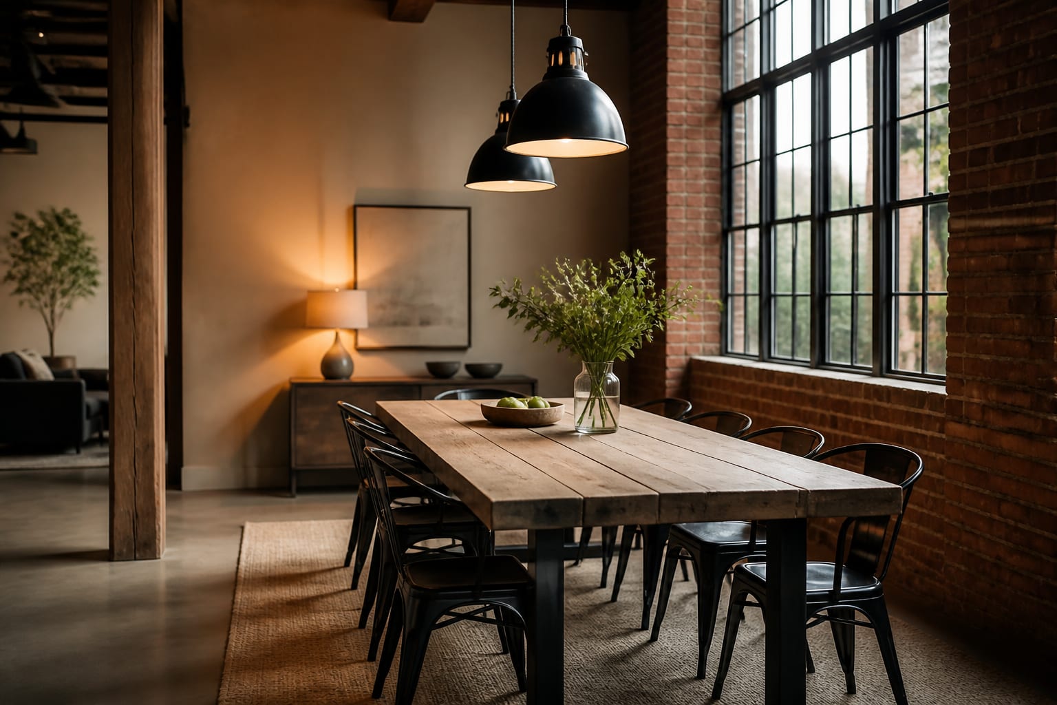 AI preview of an industrial dining room testing brick texture, black steel lighting, reclaimed wood table, and warm neutral walls