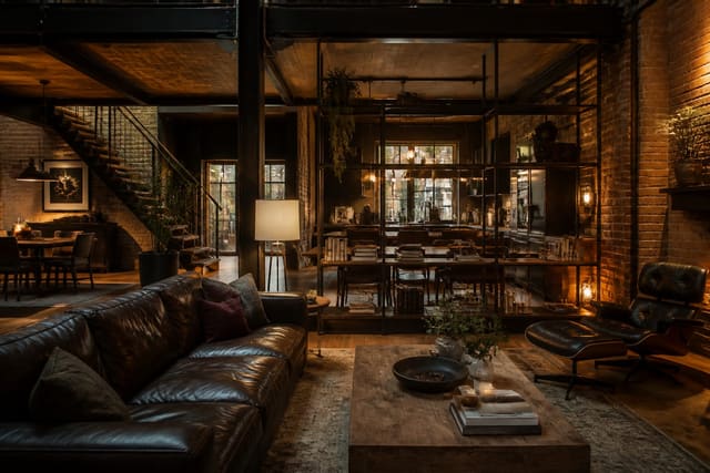 industrial open plan home with brick, steel shelving, leather seating, warm wood, and amber layered lighting