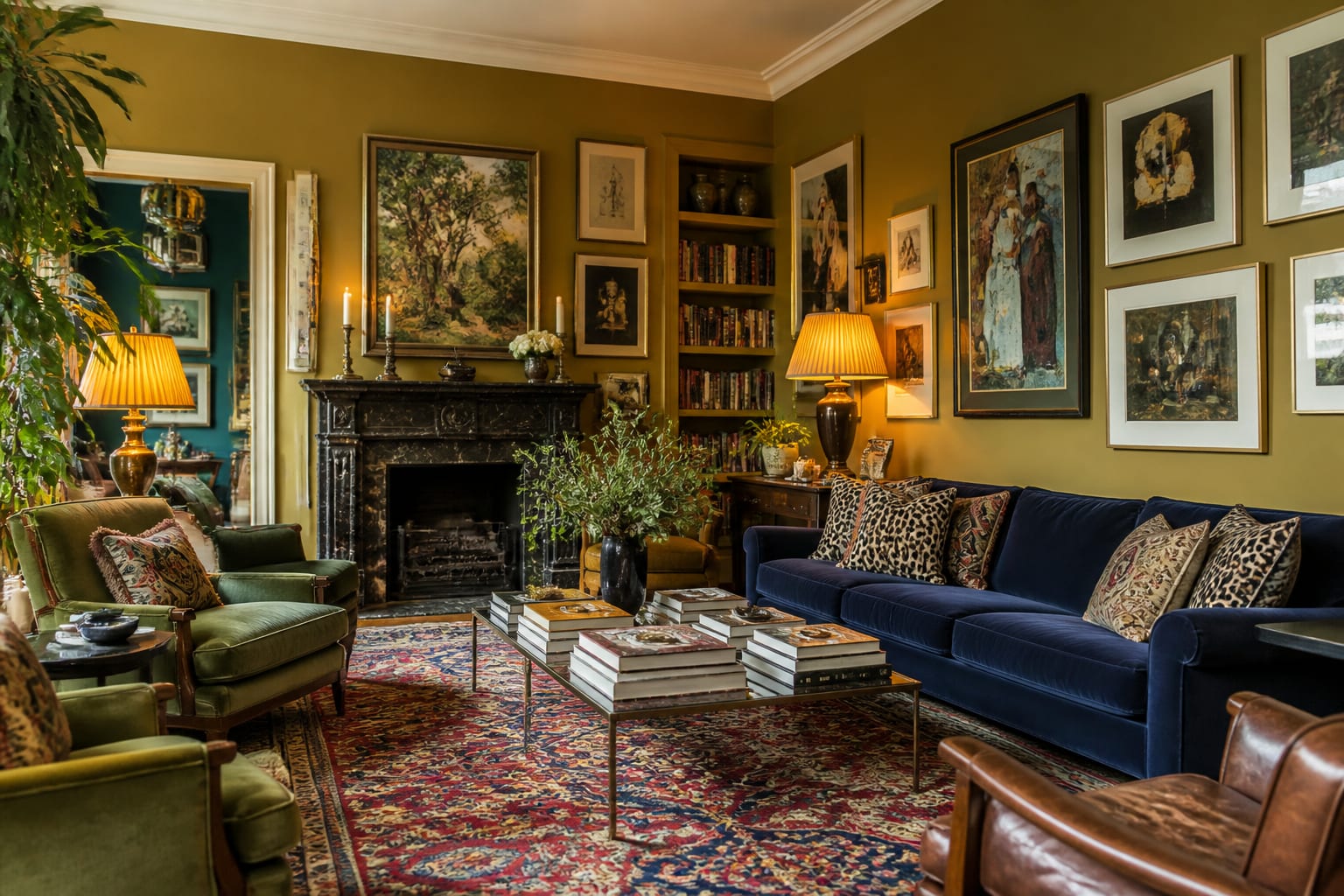 layered maximalist living room with saturated walls, patterned rug, gallery art, books, and warm lamps