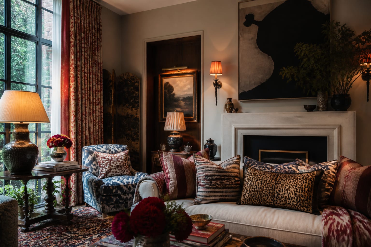 maximalist room detail with mixed pattern pillows, oversized art, tall curtains, and layered warm lighting