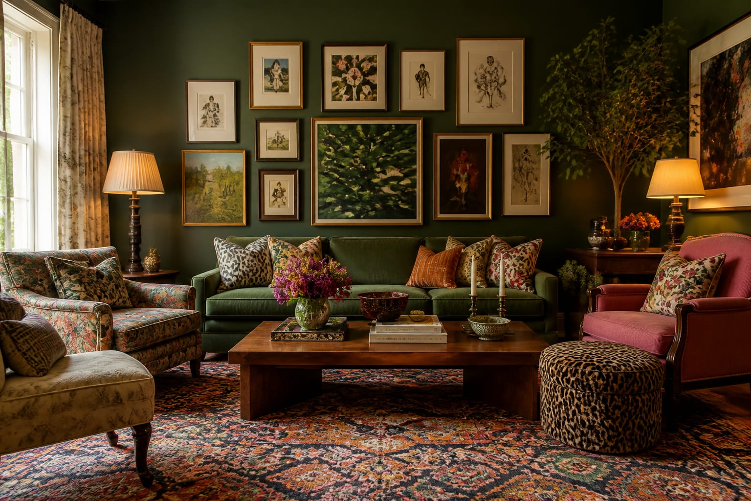 AI interior design preview of a maximalist room testing bold walls, patterned rug, gallery art, and warm lamps