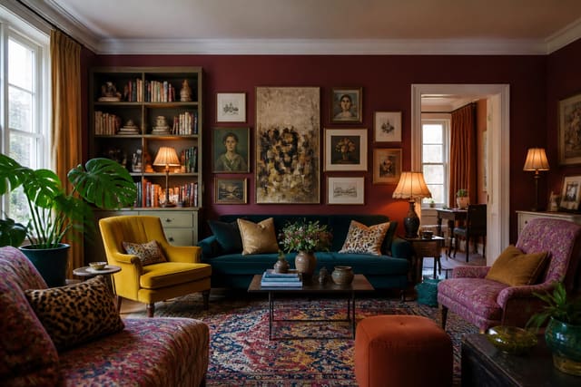 layered maximalist living room with saturated walls, patterned rug, gallery art, books, and warm lamps