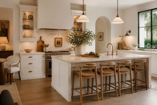 Editorial interior photograph showing white kitchen ideas in a real white kitchen, with warm modern kitchen materials, layered warm lighting, functional furniture placement, and a magazine-quality residential composition.