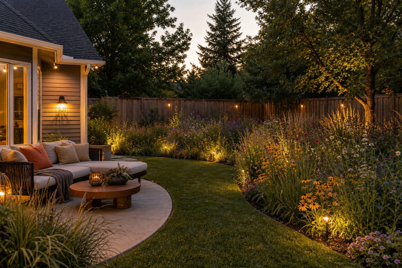 Same backyard corner redesigned as a wildflower meadow with a curved mown path, defined border, and layered seasonal flowers.