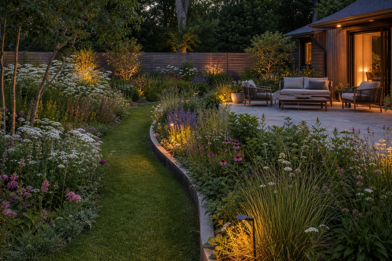 curved wildflower meadow with mown grass paths, low timber edging, and layered native flowers beside a small backyard patio