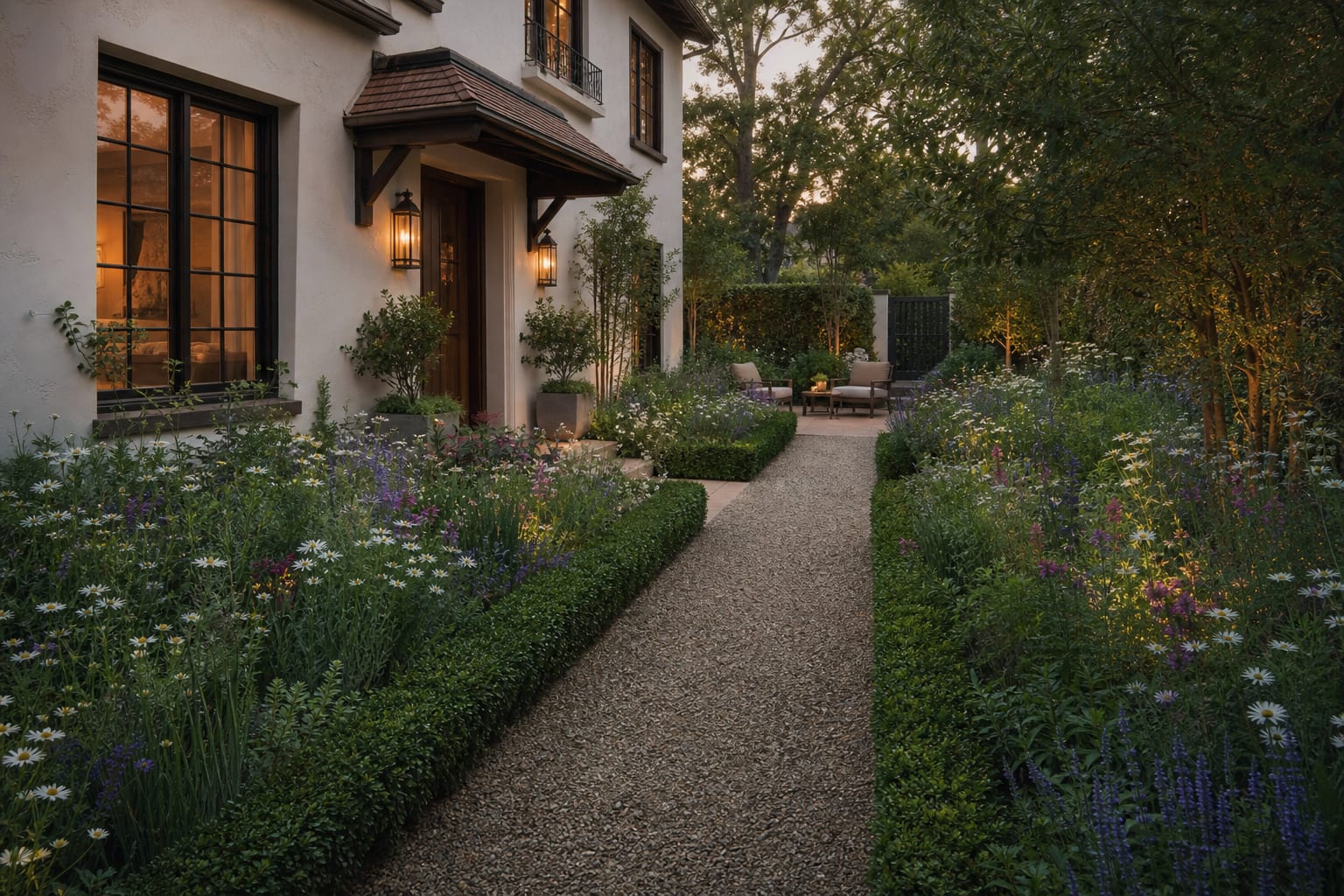 front yard meadow with a straight gravel walk, clipped green border, and mixed wildflowers kept below the window sills