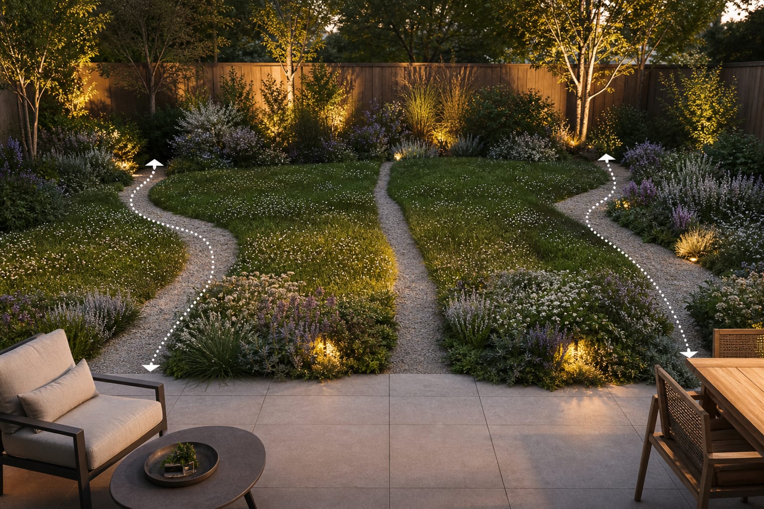 AI preview of a backyard meadow plan showing three path layouts, low flowers near the patio, and taller planting against the fence