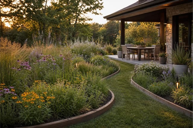 curved wildflower meadow with mown grass paths, low timber edging, and layered native flowers beside a small backyard patio
