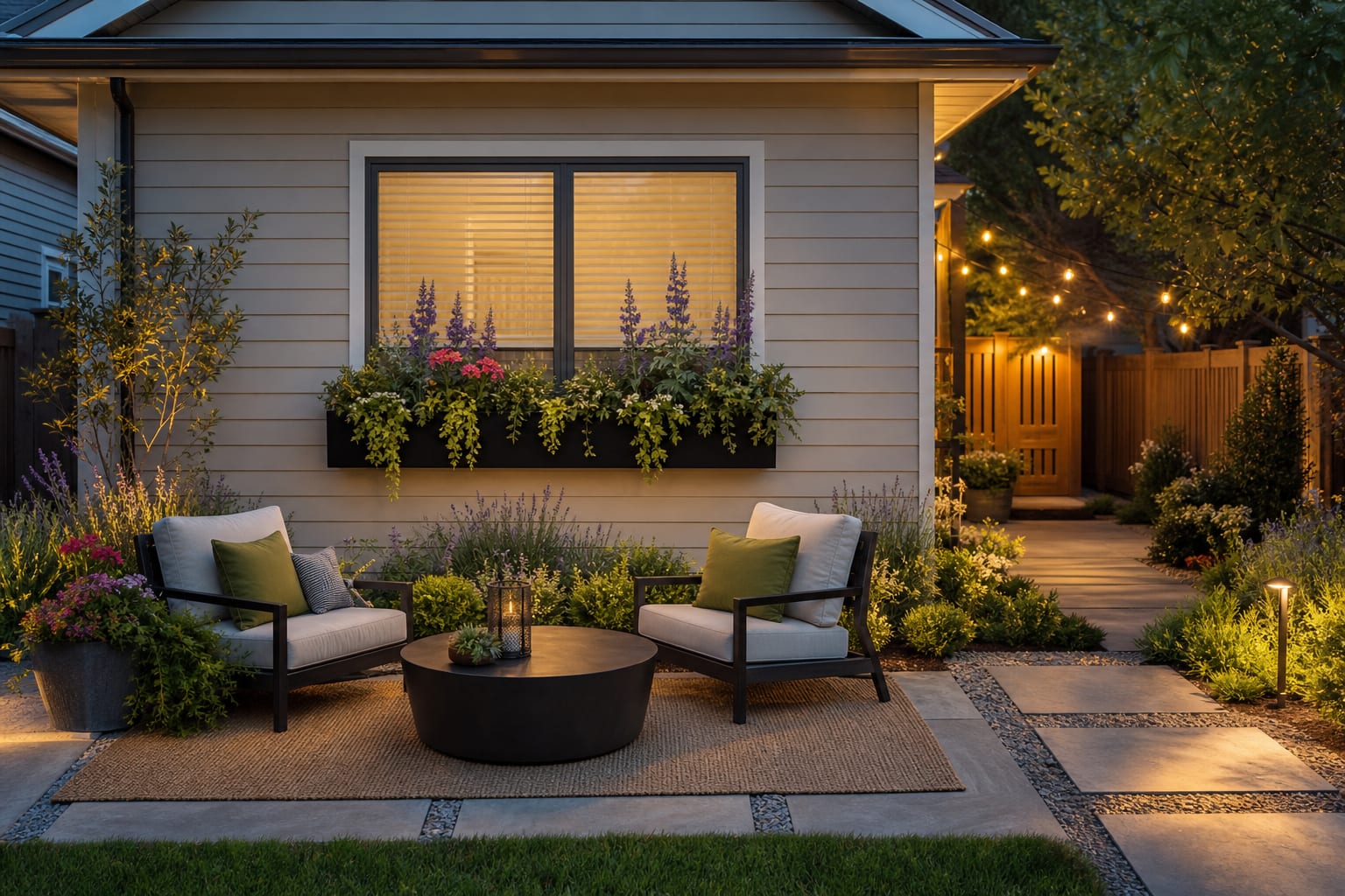 same front window with a deep black planter box, upright flowers, trailing vines, herbs, and balanced curb appeal.