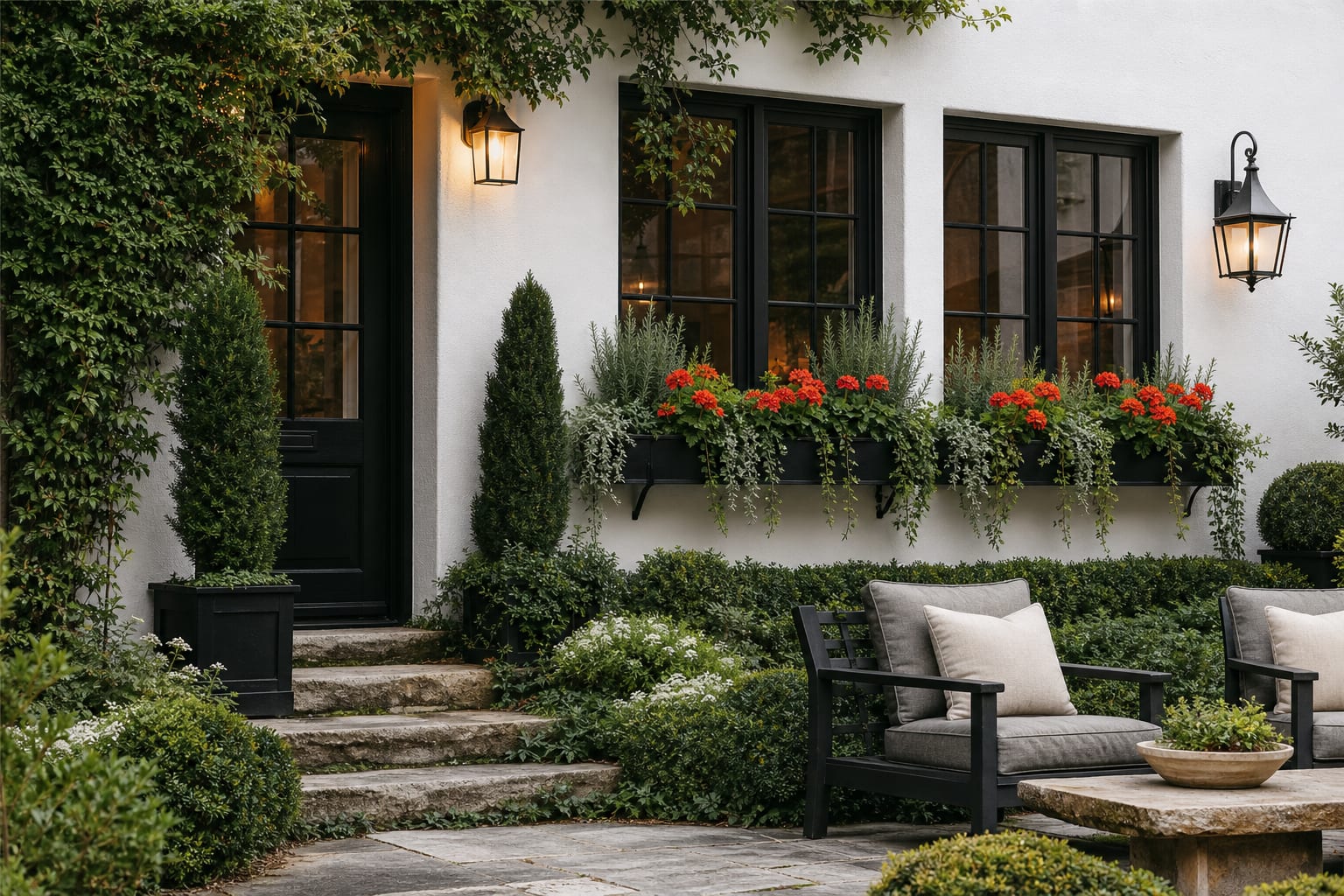 white cottage facade with black window boxes filled with geraniums, trailing ivy, herbs, and compact evergreen structure