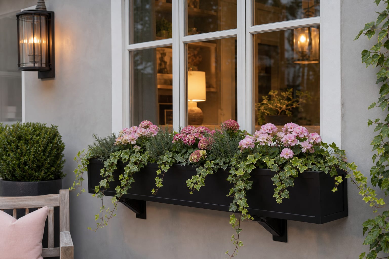 black metal window box mounted below a white trimmed window with layered pink flowers, ivy, and compact herbs