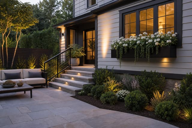 Window Box Ideas: The Front Facade Detail That Changes Everything shown as a photorealistic outdoor redesign with layered materials, planting, lighting, and clear circulation