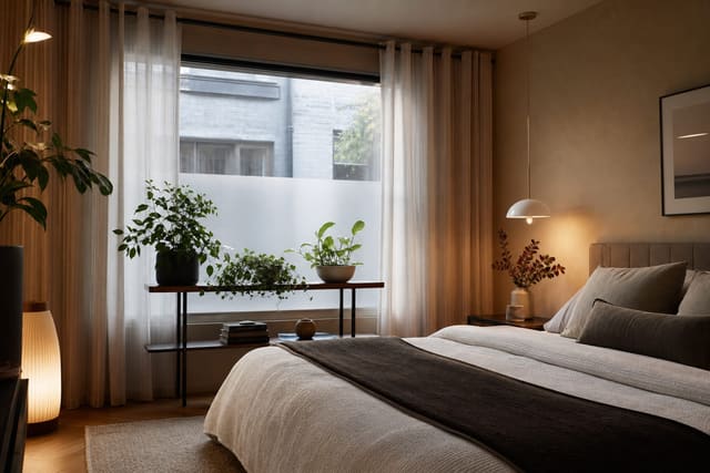 bedroom window softened with sheer curtains, lower privacy film, and a slim plant stand blocking the direct neighbor sightline