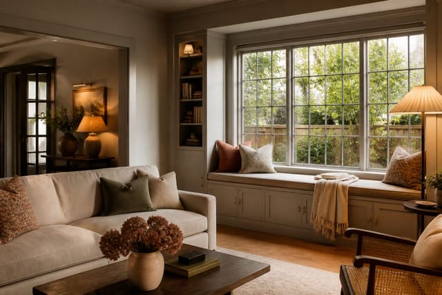 Editorial interior photograph showing window seat ideas that turn dead light into a favorite spot in a real whole home, with warm residential materials, layered lighting, functional furniture placement, and a magazine-quality composition.