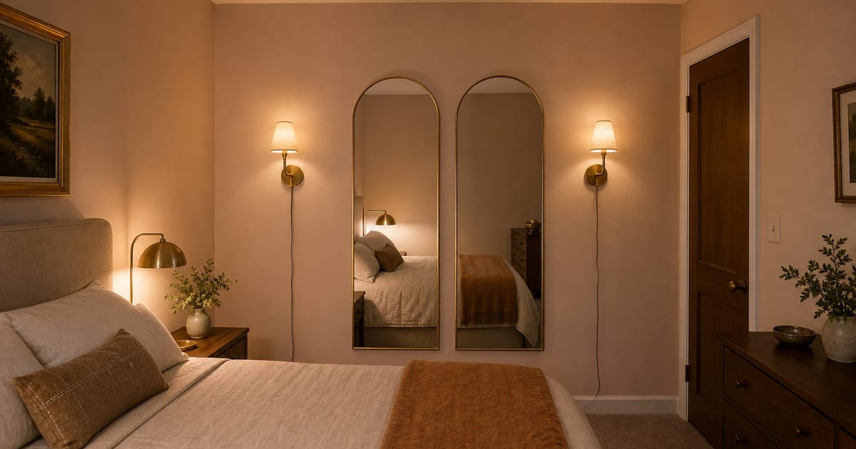 Windowless bedroom with paired arched mirrors and warm brass plug-in sconces that mimic daylight.