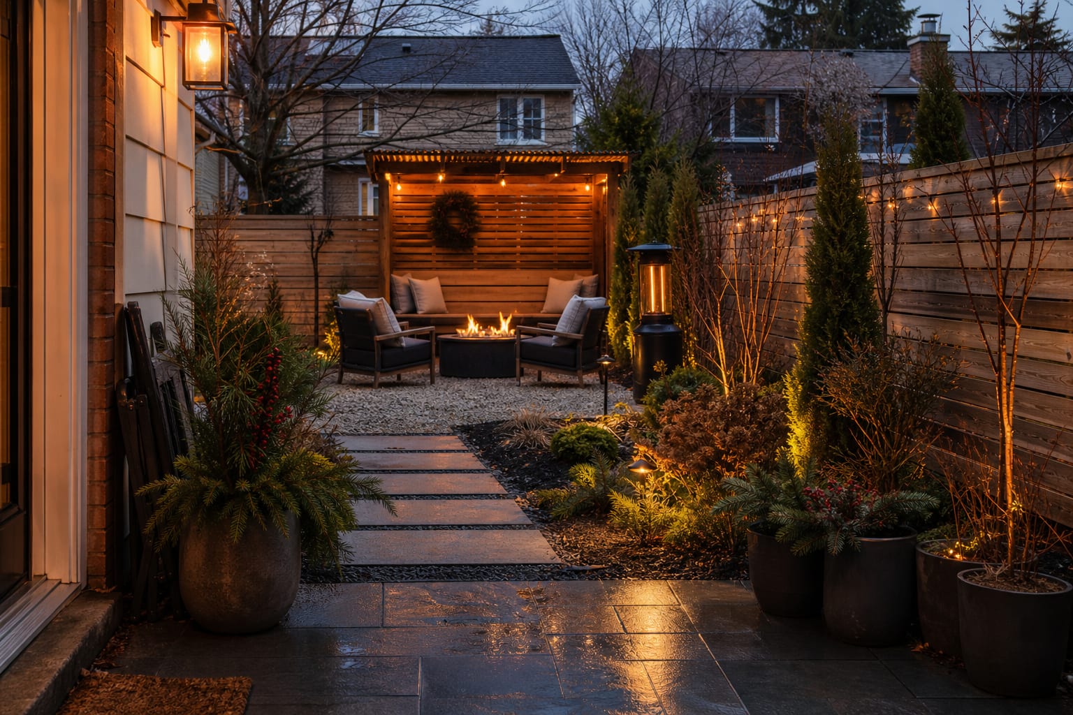 same winter backyard redesigned with gravel seating area, covered bench, outdoor heater, amber lighting, and evergreen planters