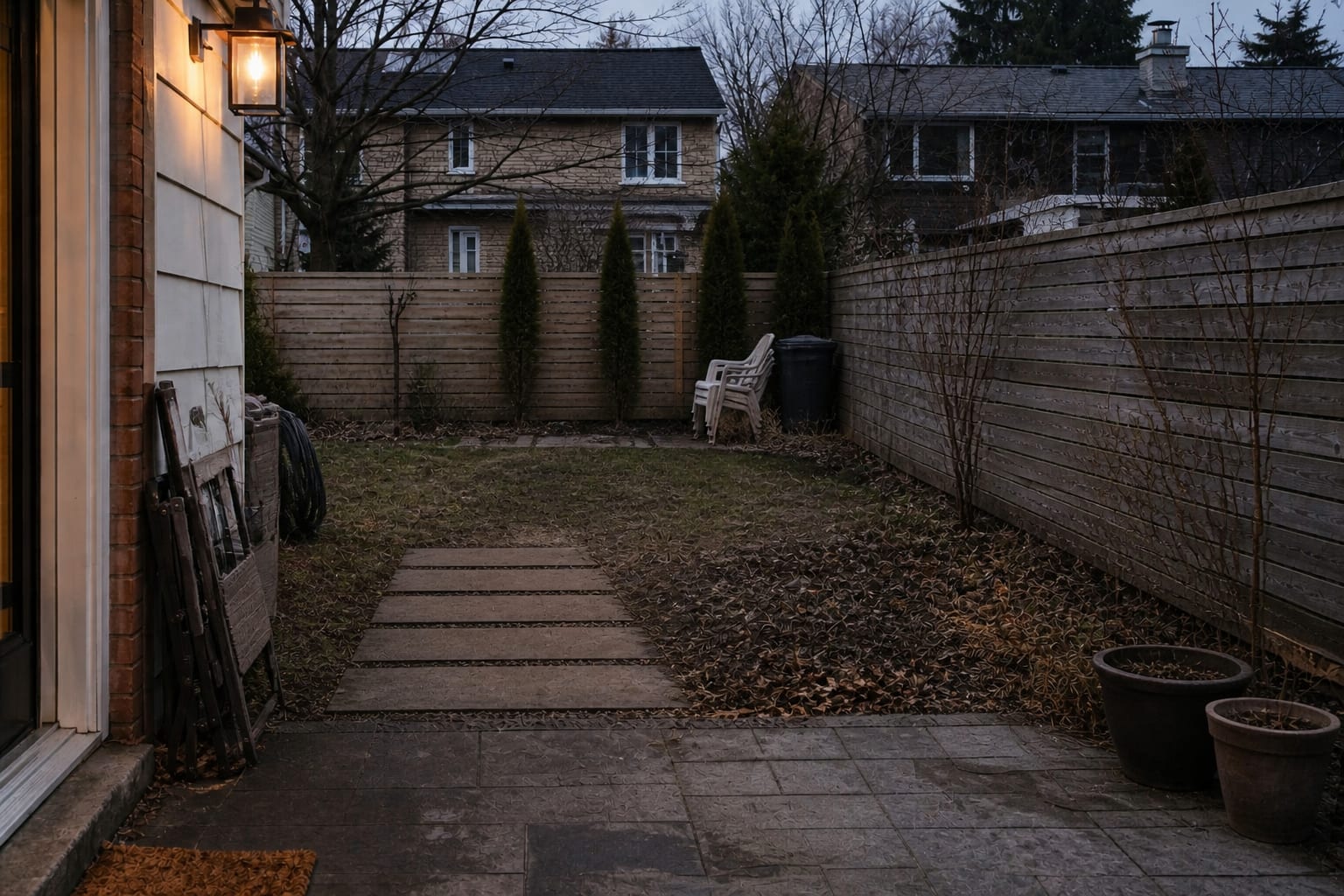 underused winter backyard with bare lawn, stacked chairs, dark patio corner, empty planters, and no clear place to sit
