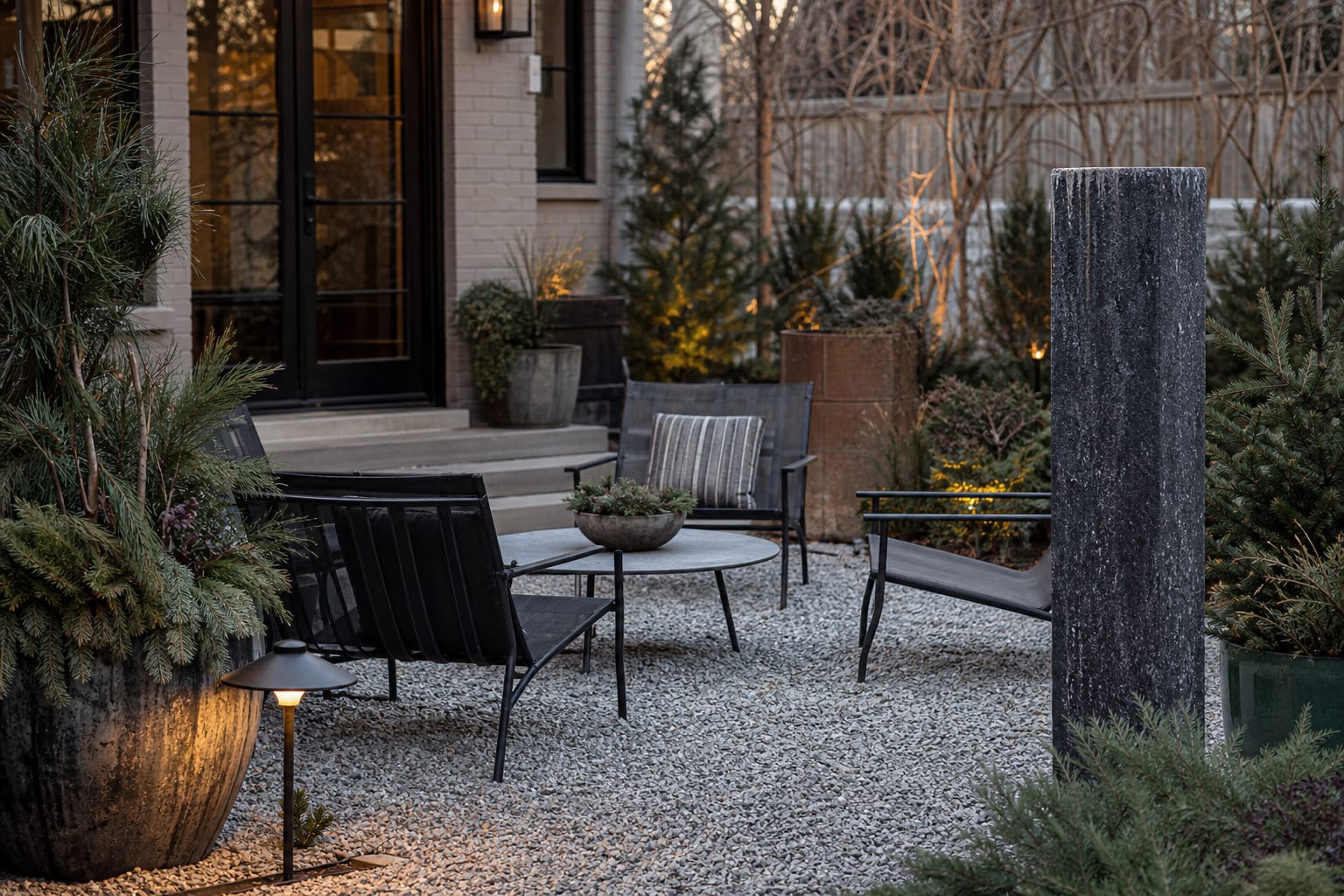 winter patio seating with gravel underfoot, evergreen containers, dark metal chairs, and warm low-voltage path lights