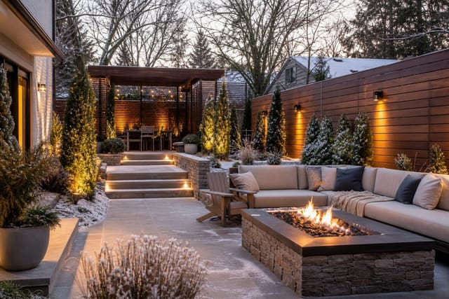 Winter Backyard Ideas: How to Keep Your Outdoor Space Alive Year-Round shown as a photorealistic outdoor redesign with layered materials, planting, lighting, and clear circulation