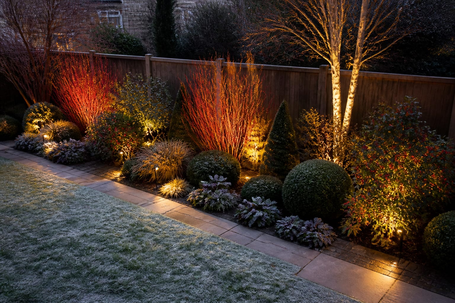 The same border in winter with red dogwood stems, evergreens, berries, and a white birch