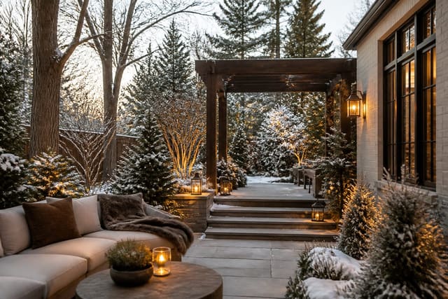 Winter Garden Design Ideas for Plants and Structure, shown as warm editorial outdoor Re-Design photography with believable residential scale, no overlaid text, no watermark