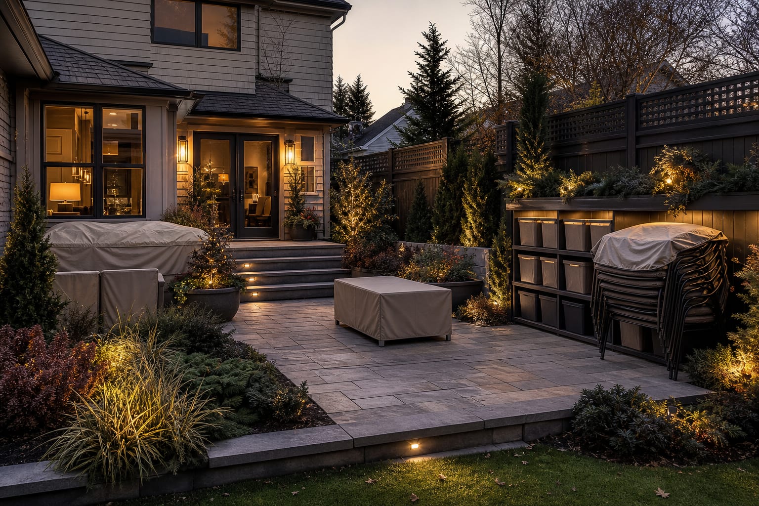 same patio angle with cleaned furniture stacked under breathable covers, cushion bins on shelves, and a clear walkway across the deck.