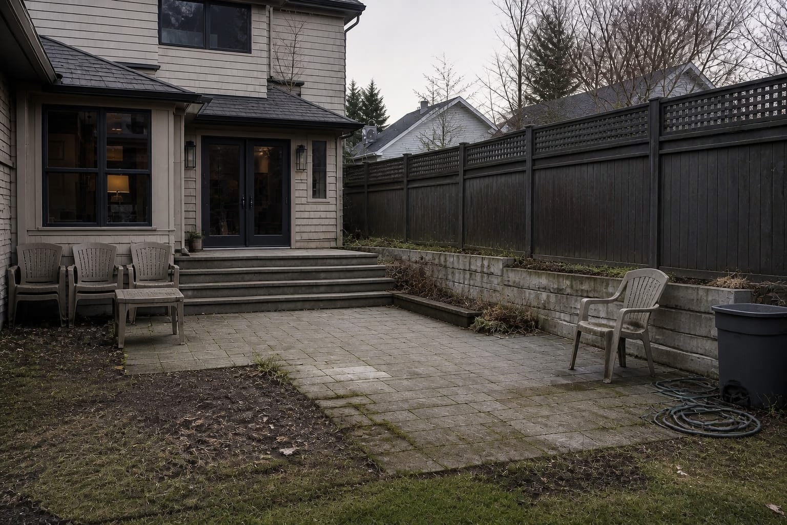 under designed patio after fall use with damp cushions left on chairs, uncovered table legs on wet paving, and no clear winter storage zone.