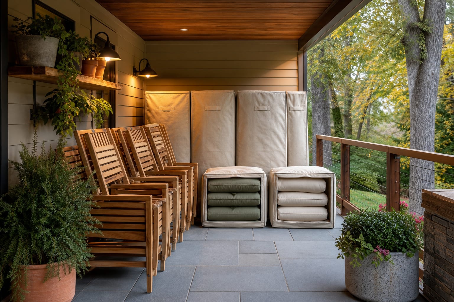 covered patio with stacked teak chairs, labeled cushion bins, and breathable winter covers beside a tidy deck rail