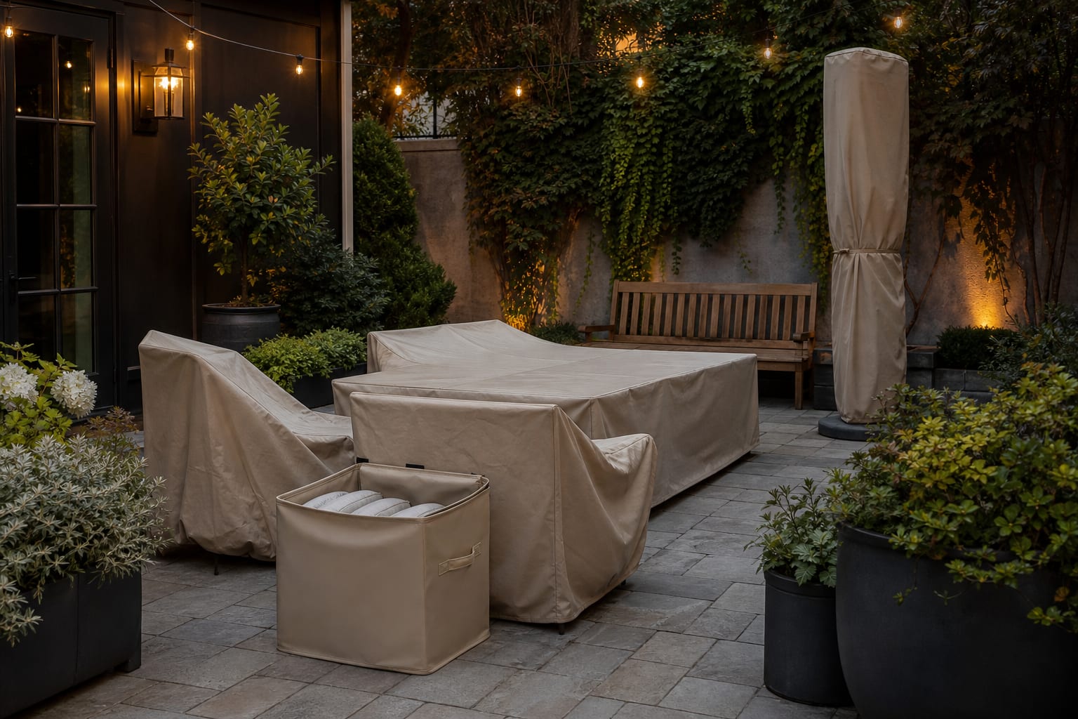 patio furniture materials prepared for winter with teak bench, metal chairs, cushion bins, and covered umbrella storage