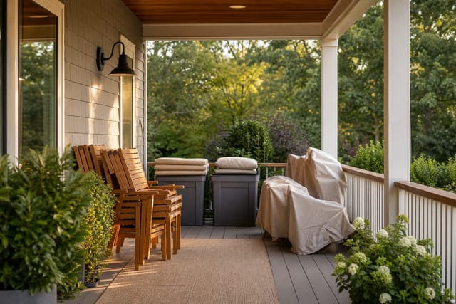 covered patio with stacked teak chairs, labeled cushion bins, and breathable winter covers beside a tidy deck rail