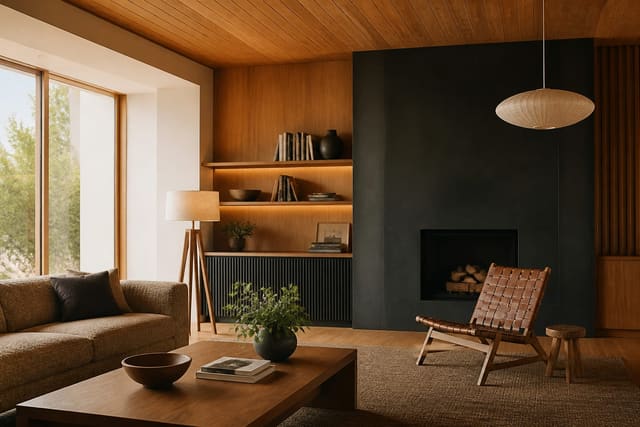 Wood Interior Design Guide: Species, Tones, and Grain, shown as warm editorial Re-Design photography with believable residential scale, no overlaid text, no watermark
