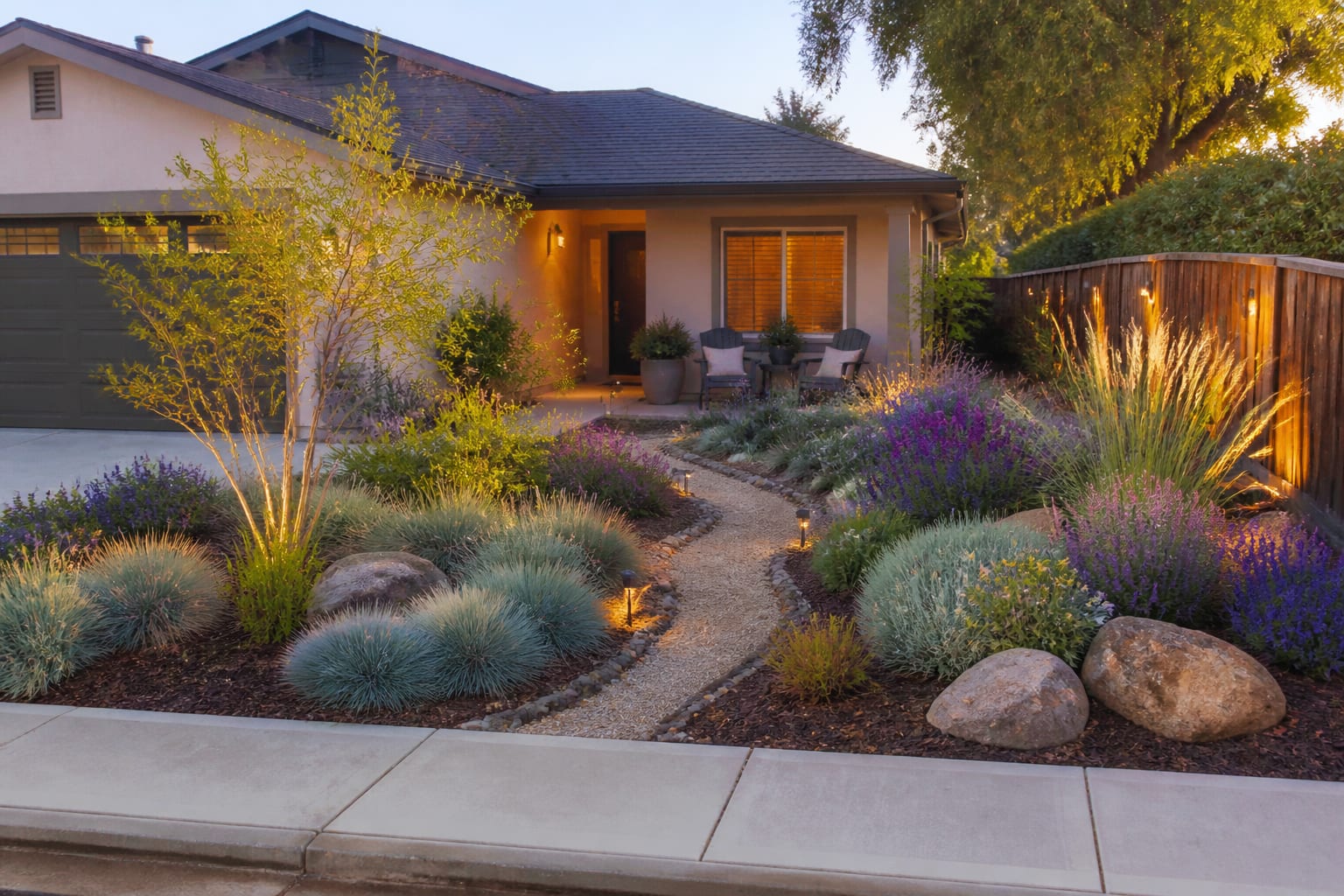 Same yard converted to a planted xeriscape with grasses, gravel paths, and boulders after redesign
