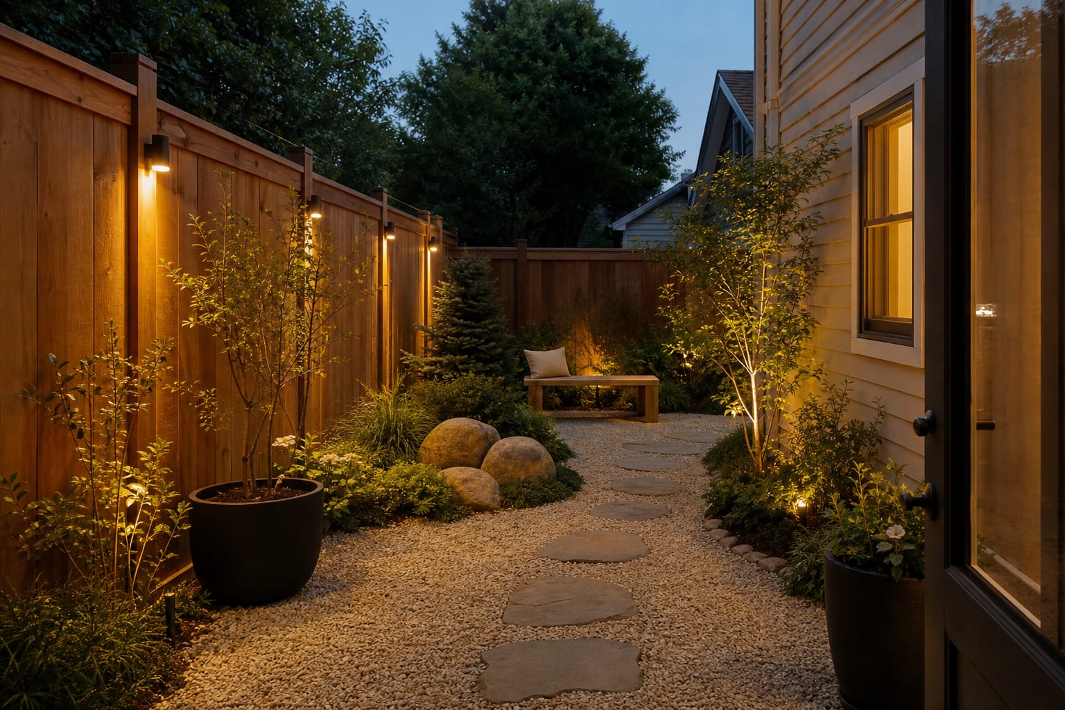 Same side garden redesigned with pale gravel, grouped boulders, low evergreen planting, stepping stones, and a simple timber bench.