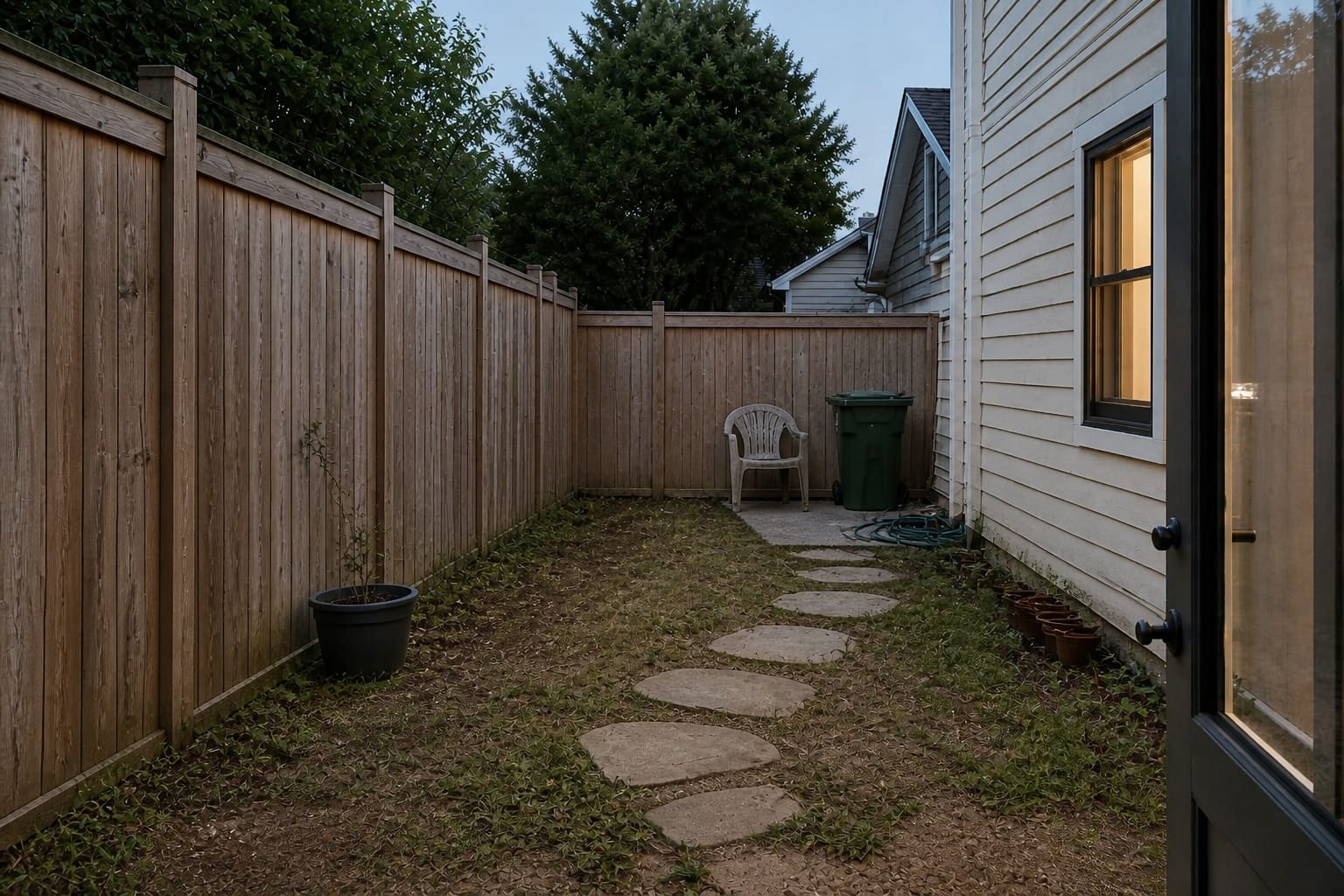Narrow side garden with patchy lawn, mixed pots, visible fence gaps, and no clear focal point or walking route.