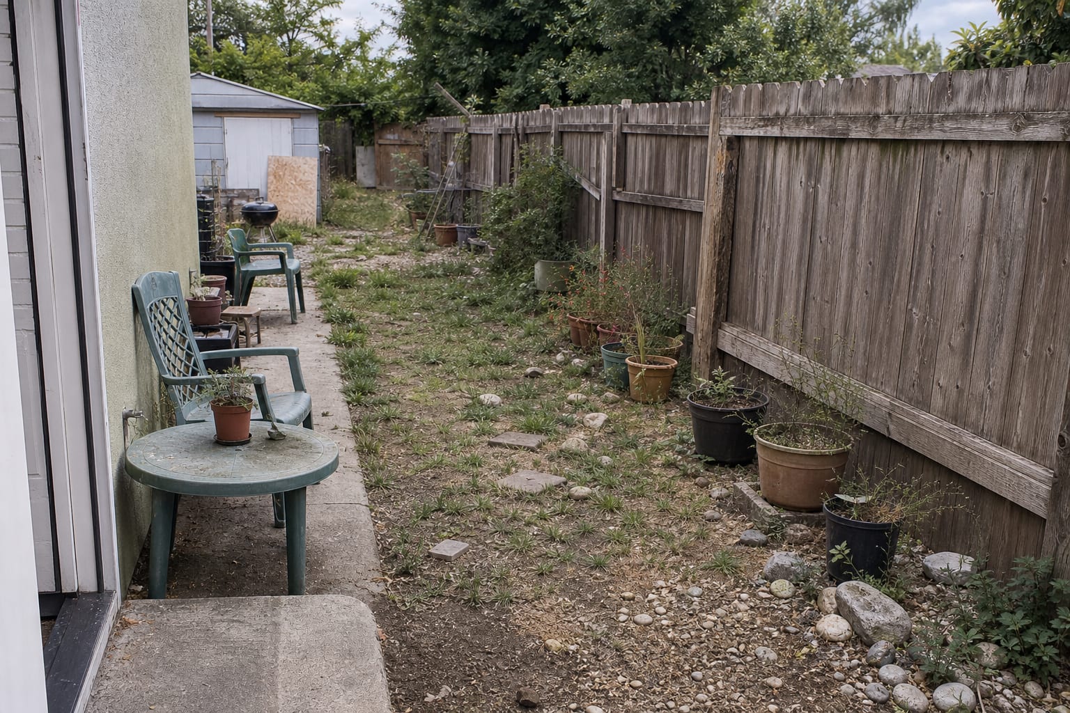 Narrow side garden with patchy lawn, mixed pots, visible fence gaps, and no clear focal point or walking route.