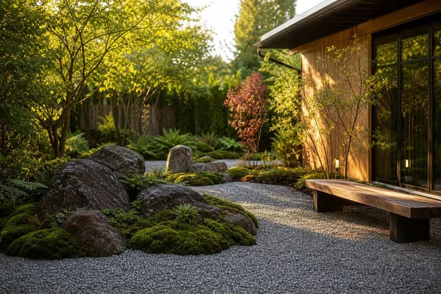 minimalist gravel garden with grouped boulders, low mossy planting, a timber bench, and soft afternoon shadows
