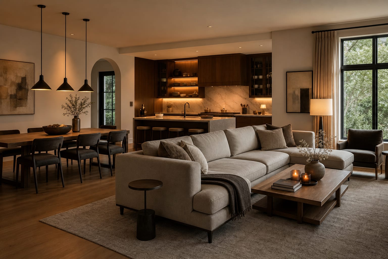 open plan living dining kitchen divided by a sofa back, large rug, pendant-lit dining table, and warm cabinet lighting